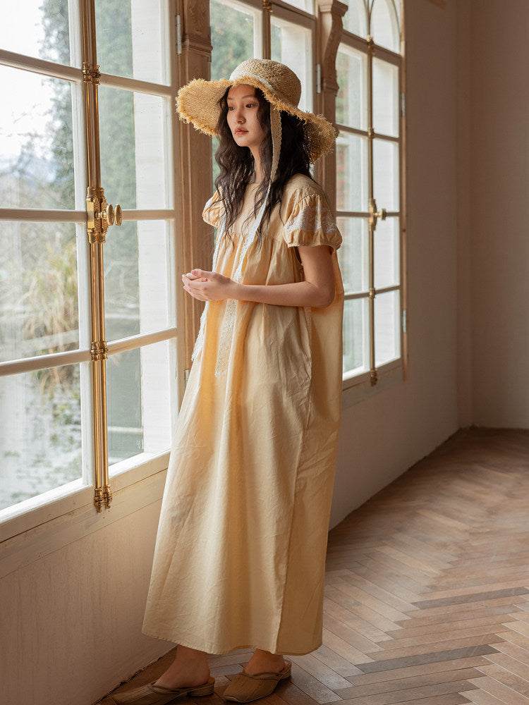 Embroidered Cotton Nightdress | Puff-Sleeve Cottage Maxi Dress