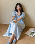Blue Embroidered Bamboo Cotton Nightgown | Summer Sleepwear Dress | Lian