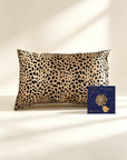 Leopard print pillow and a blue box with a pattern on a beige background - 100% 6A Grade Mulberry silk