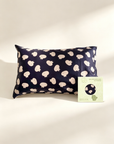 Navy pillowcase with white mushroom pattern and a matching card on a beige background - 100% 6A Grade Mulberry silk