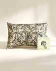Floral patterned pillowcase with packaging on a beige background - 100% 6A Grade Mulberry silk