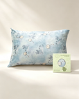 Blue patterned pillowcase with a box labeled 'HAN' on a beige background - 100% 6A Grade Mulberry silk