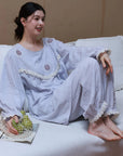 Cotton Gauze Sleepwear – Lavender Blue Floral Embroidery (Nightgown or Set) | Lian Collection