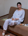 Cotton Gauze Sleepwear – Lavender Blue Floral Embroidery (Nightgown or Set) | Lian Collection