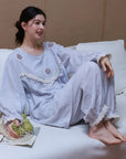 Cotton Gauze Sleepwear – Lavender Blue Floral Embroidery (Nightgown or Set) | Lian Collection