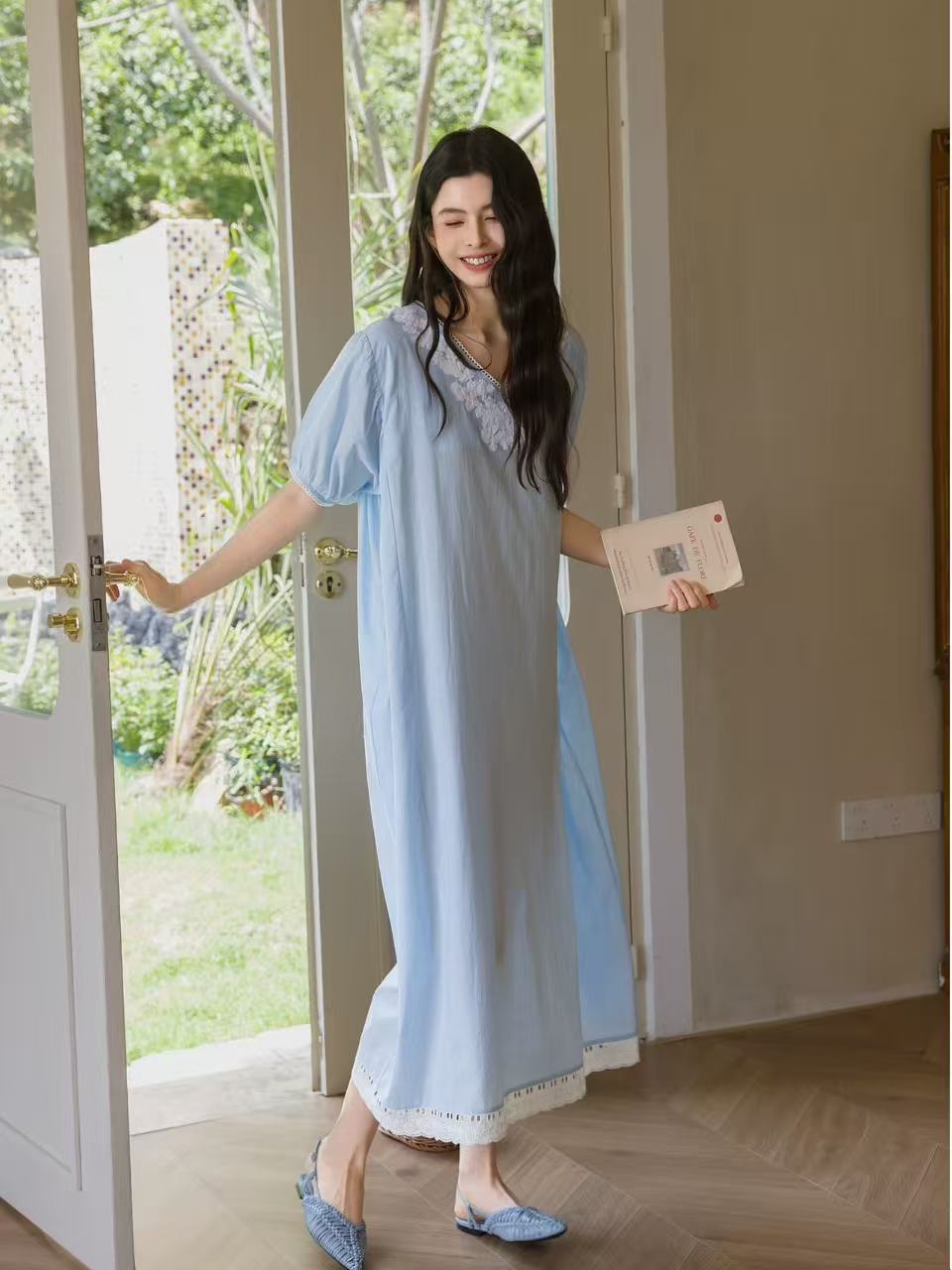 Blue Embroidered Bamboo Cotton Nightgown | Summer Sleepwear Dress