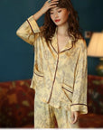Silk Pajamas in Classic Yellow with Oriental Floral Print – Soft Breathable Nightwear for Women, Elegant Silk Sleepwear with Oriental Design