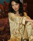 Silk Pajamas in Classic Yellow with Oriental Floral Print – Soft Breathable Nightwear for Women, Elegant Silk Sleepwear with Oriental Design