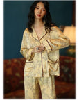 Silk Pajamas in Classic Yellow with Oriental Floral Print – Soft Breathable Nightwear for Women, Elegant Silk Sleepwear with Oriental Design