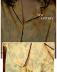Silk Pajamas in Classic Yellow with Oriental Floral Print – Soft Breathable Nightwear for Women, Elegant Silk Sleepwear with Oriental Design