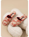 Embroidered Floral Slippers: Faux Fur Lined Winter House Shoes