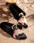 Handmade Embroidered Slippers: Oriental Faux Fur Mules,Outdoor Slipper