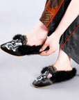 Handmade Embroidered Slippers: Oriental Faux Fur Mules,Outdoor Slipper
