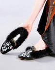 Handmade Embroidered Slippers: Oriental Faux Fur Mules,Outdoor Slipper