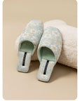 Embroidered Floral Slippers: Faux Fur Lined Winter House Shoes