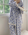 Cotton Kimono Robe 3PCS Set: Blue Fan Print Loungewear - Linen Feel Pyjmas