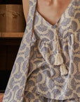 Cotton Kimono Robe 3PCS Set: Blue Fan Print Loungewear - Linen Feel Pyjmas