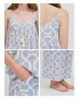 Cotton Kimono Robe 3PCS Set: Blue Fan Print Loungewear - Linen Feel Pyjmas