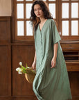 Bamboo Cotton Loungewear Dress: Sage Green Sleep Shirt with Pockets