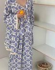 Cotton Kimono Robe 3PCS Set: Blue Fan Print Loungewear - Linen Feel Pyjmas
