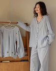 Sky Blue Women Pyjamas Organic Gauze Cotton Lightweight Soft Sleepwear Casual Loungewear Set with Embroidery or Ruffle Top Soft Summer PJs
