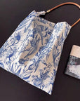 Blue Floral Shoulder Bag: Vintage Chinoiserie Print Tote with Faux Leather Strap