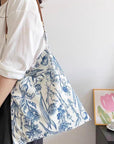 Blue Floral Shoulder Bag: Vintage Chinoiserie Print Tote with Faux Leather Strap