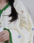 Embroidered Gauze Cotton Robe: Floral Kimono Bathrobe - Cream & Green