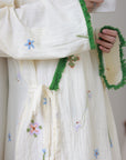 Embroidered Gauze Cotton Robe: Floral Kimono Bathrobe - Cream & Green