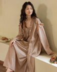 Bamboo Cotton Robe Set: Ruffle Trim Lounge Dress Kimono - Earth Tone