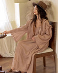 Bamboo Cotton Robe Set: Ruffle Trim Lounge Dress Kimono - Earth Tone