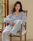 Sky Blue Women Pyjamas Organic Gauze Cotton Lightweight Soft Sleepwear Casual Loungewear Set with Embroidery or Ruffle Top Soft Summer PJs