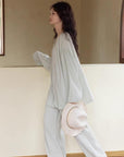 Mint Green Gauze Cotton Pajama Set: Breathable Wide-Leg Loungewear