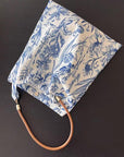 Blue Floral Shoulder Bag: Vintage Chinoiserie Print Tote with Faux Leather Strap