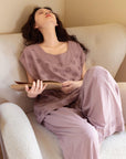 Embroidered Bamboo Cotton Pajama Set: Dusty Purple Cottagecore Lounge