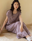 Embroidered Bamboo Cotton Pajama Set: Dusty Purple Cottagecore Lounge