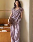 Embroidered Bamboo Cotton Pajama Set: Dusty Purple Cottagecore Lounge