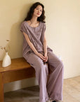 Embroidered Bamboo Cotton Pajama Set: Dusty Purple Cottagecore Lounge