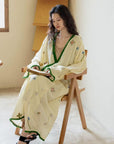 Embroidered Gauze Cotton Robe: Floral Kimono Bathrobe - Cream & Green