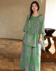 Bamboo Cotton Loungewear Set: Green Botanical Print, Oversized Fit