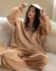 Embroidered Gauze Cotton Loungewear – Soft Earth Tone Pyjama Set for Women