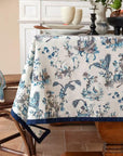 Blue and White Chinoiserie Tablecloth, Chinese Painting Table Cover with Birds & Pagoda Scene, Washable Linen for Holiday Dinner Party Décor