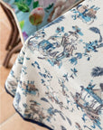 Blue and White Chinoiserie Tablecloth, Chinese Painting Table Cover with Birds & Pagoda Scene, Washable Linen for Holiday Dinner Party Décor