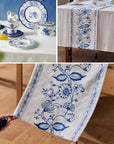 Chinoiserie Table Runner, Silk-Thread Chenille with Canvas Backing, Oriental Floral Dining Linen with Tassels for Christmas Décor Gift