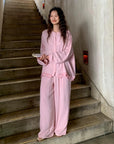 Sustainable Cotton Sleepwear Set / Pink Embroidered Heart Trim Loungewear / Feminine Pyjamas Gift Idea for Daughter