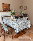 Blue and White Chinoiserie Tablecloth, Chinese Painting Table Cover with Birds & Pagoda Scene, Washable Linen for Holiday Dinner Party Décor