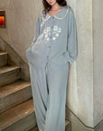 Double Gauze Cotton Pyjamas Set with Embroidered Flowers