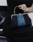 Premium Pure Silk Evening Clutch Bag in Blue and Black|Handmade Oriental Heritage Handbag with Vintage Brass Frame| Shoulder Crossbody Purse