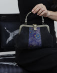 Premium Pure Silk Evening Clutch Bag in Blue and Black|Handmade Oriental Heritage Handbag with Vintage Brass Frame| Shoulder Crossbody Purse