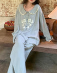 Double Gauze Cotton Pyjamas Set with Embroidered Flowers